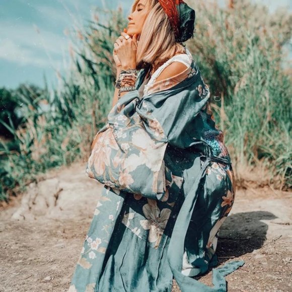 New Boho Floral Kimono Blue Maxi Duster Cardigan Jacket Beach Swim Cover Up - Picture 1 of 11